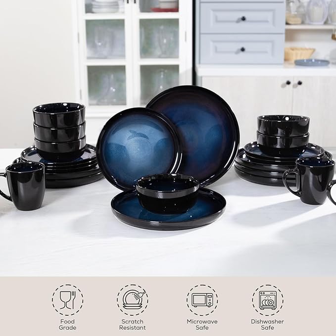 Romswi Dinnerware Set Stoneware Plates and Bowls Sets with Mugs, Chip & Scratch Resistant Dish Set, Handmade Reactive Glaze, Oven,Microwave and Dishwasher Safe, Dreamy Moonlight-Blue for 4,16 pcs