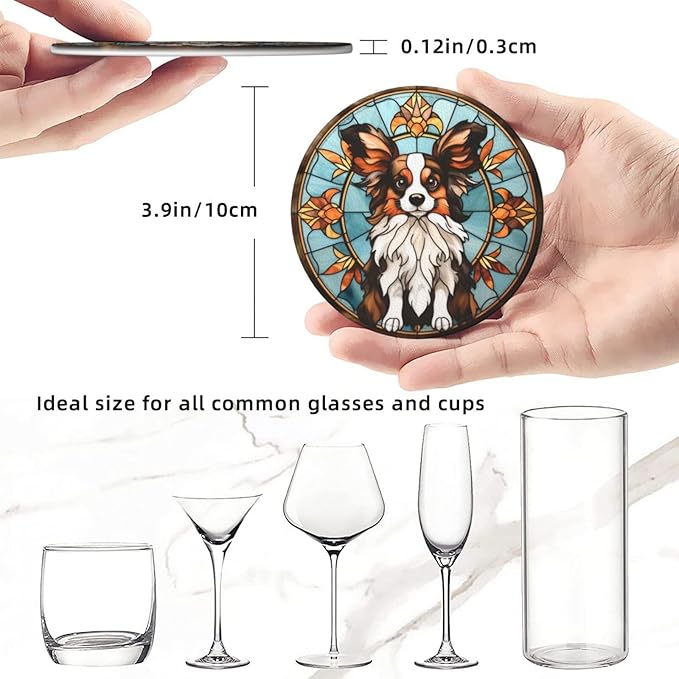 Drink Coaster Set of 6, Papillon Dog Mom Lover Gift,Leather Drink Coasters with Holder,6 Pack Cup/Bar/Drink Coasters for Table/Drinks/Coffee Protection Housewarming Gift