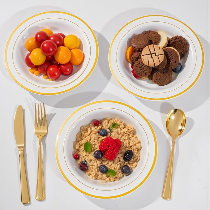 bUCLA 60 Pack Plastic Bowls with Gold Rim - 12 oz Plastic Soup Bowls Disposable for Wedding, Party, Gathering & Thanksgiving