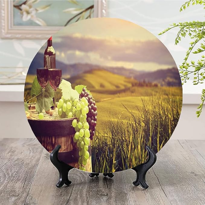 Ceramic Plates, Wine Decorative Ceramic Plates, Italy Tuscany Landscape Rural Vineyard, 10 Inch, for Dining, Parties, Wedding, Green Black Brown