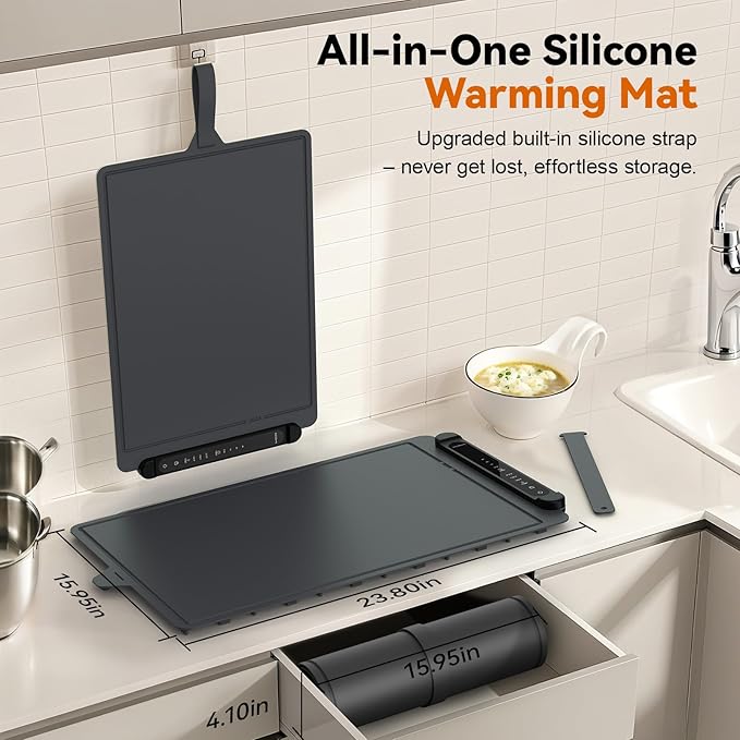 Food Warming Mat Electric Tray: Adjustable Silicone Heating Pad with 3 Temperature Settings 4 Timer Function Portable Roll Up Hot Plate for Buffets Party Gatherings Kitchen Countertop Black Gray