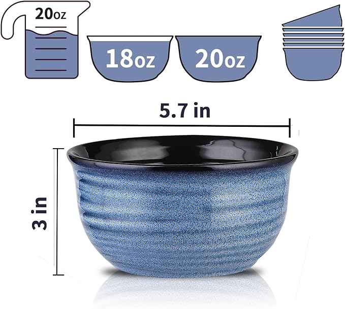 JINGUS Soup Bowl, 20 OZ Porcelain Cereal Bowls Set of 6 Perfect for Pasta, Snack, Oatmeal, Rice, Salad,and Ice Cream, Stackable & Durable Bowls for Kitchen, Microwave & Dishwasher Safe, Blue
