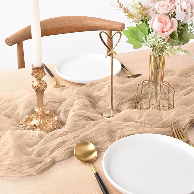 Joanlody Champagne Cheesecloth Table Runner Spring Easter 10Ft Rustic Gauze Boho Cheese Cloth Table Runner for Wedding Bridal Baby Shower Decoration
