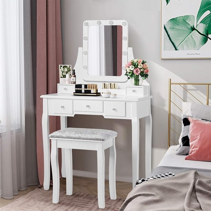 DORTALA Vanity Table Set w/ 360-Degree Rectangular Mirror & Cushioned Stool, Makeup Table w/ 10 LED Dimmable Bulbs, Bedroom Wood Dressing Table w/ 5 Drawers & Removable Box Organizer, White