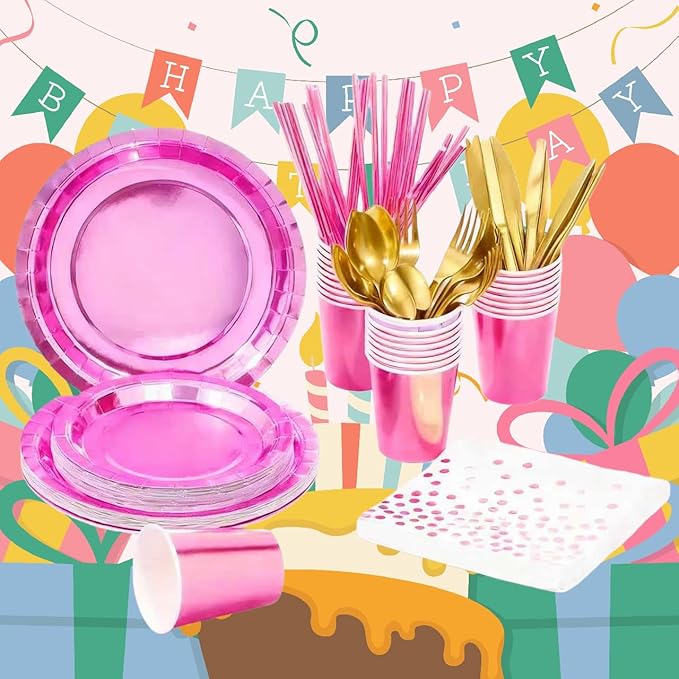 Iridescent Pink Party Supplies, Holographic Paper Plates and Napkins Set, Rainbow Disposable Paper Plates Cups Knives Spoons Fork Straw for Birthday Wedding Party Serve 25 (Pink)