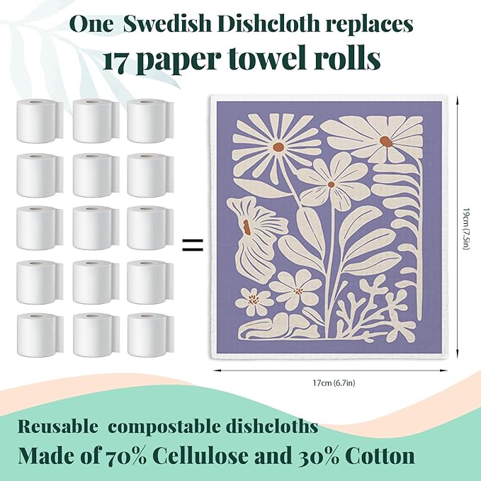 Spring Flower Swedish Dishcloths for Kitchen, Boho Purple Swedish Dish Cleaning Cloths for Floral, 4 Pack Dish Towels for Kitchen, Papaya Reusable Paper Towels Washable