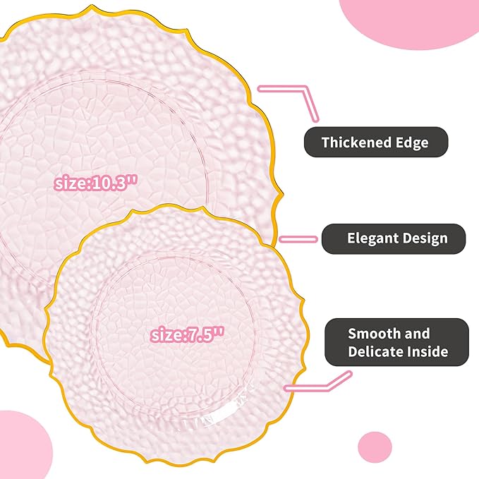 N9R 120 Clear and Pink Plastic Plates, Pink Disposable Plate with Gold Rim, Stone Texture Plate, Include 120 Dinner & Dessert Plates for Wedding, Party