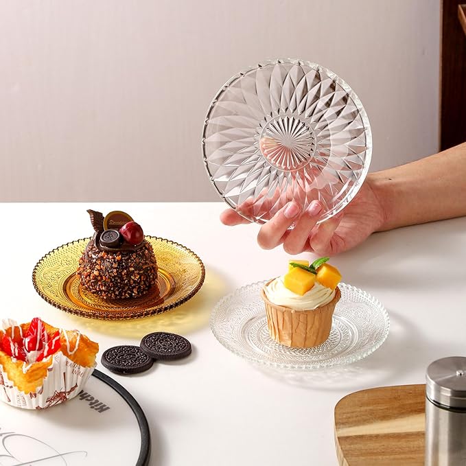 WHJY 6 Inch Clear Glass Plates 4 Pack Vintage Dinnerware Set Transparent Diamond Textured Dinner Plates for Home Party Wedding Crystal Glass Dishes for Fruit Salad Appetizer Dessert