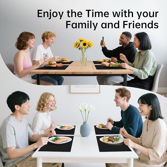Blue Forest Placemats Set of 4, Dual-Layered Thickened Faux Linen Table Mats Heat Resistant Machine Washable Wrinkle Free Place Mats for Kitchen Dining Outdoor/Indoor (Black)