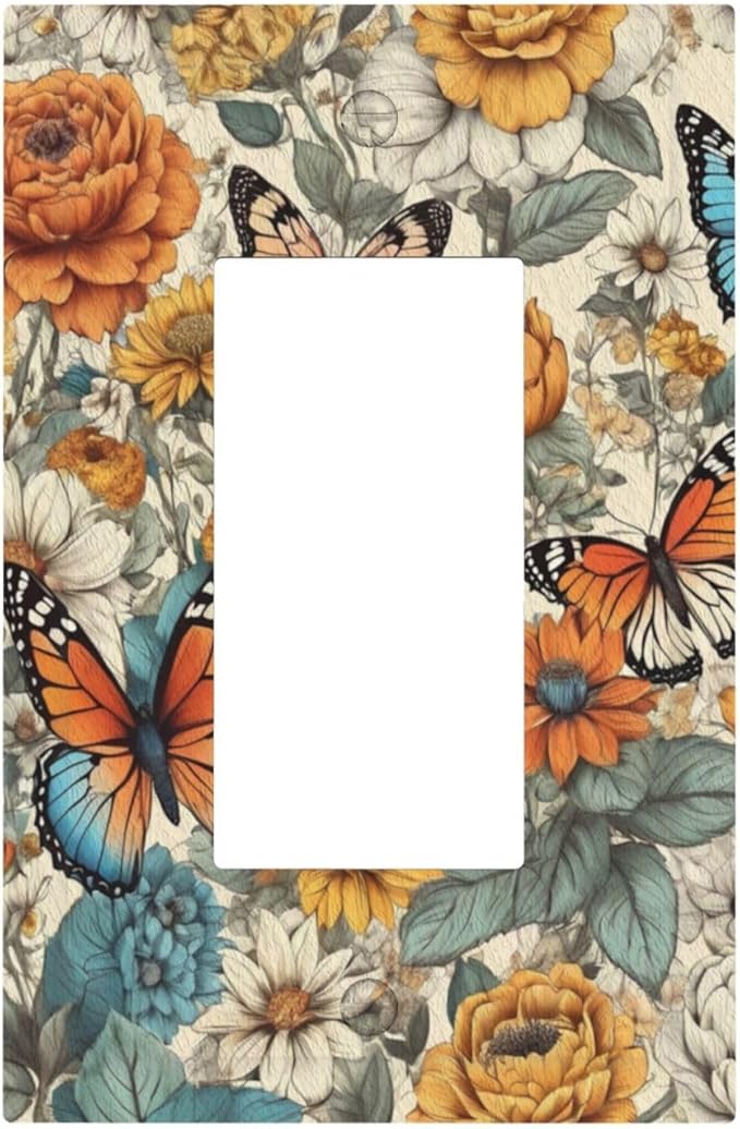 Outlet Covers Vintage Colorful Floral Butterfly Flowers 1 Gang Wall Plate Single Rocker Light Switch Cover Decorative GFCI Receptacle Electrical Switchplate for Bathroom Bedroom Decor（2 Pack）