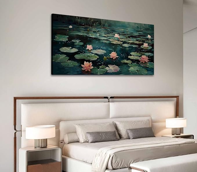 ADJUVANT Wall Art Impressionist Water Lily Pond 60" L x 30" W, Pink Lotus Flowers on Dark Blue Water Canvas Painting Nature Artwork Prints Wall Decor for Living Room Bedroom Bathroom Home Office
