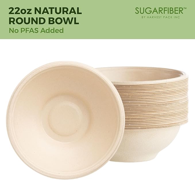 [1000 Count]Sugarfiber by Harvest 22oz Round Bowls PFAS Free with PLA coating - Compostable Heavy-Duty Eco-Friendly Disposable Bagasse Bowl Sugarcane made plant fibers for Meal Prep