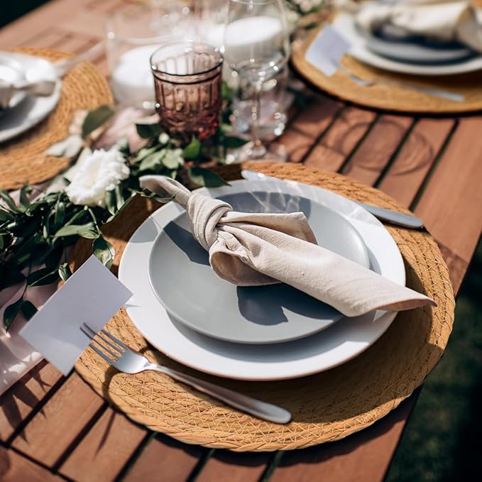 13.8 in Round Woven Placemats Plate Chargers Set of 6, Boho Farmhouse Rustic Woven Place Mats for Dining Table Decor, Rattan Wicker Table Mats Jute Braided Chargers for Dinner Plates