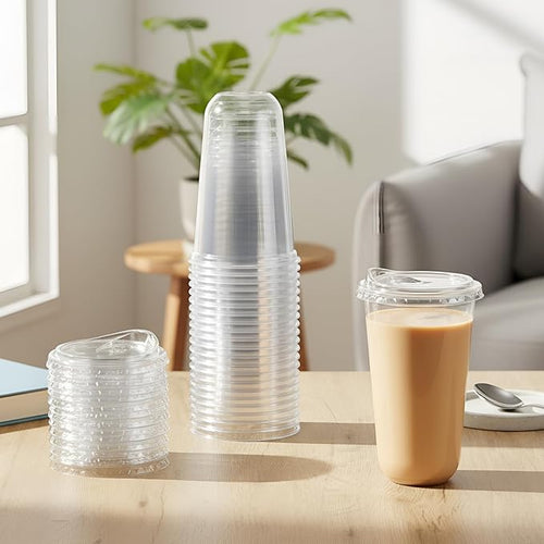 25 Sets 18 oz Clear Plastic Cups with Strawless Sip Lids, Thickened Clear Disposable Plastic PET Crystal Cups for Iced Coffee, Smoothie, Cold Beverage, Drink Shops and Party Catering