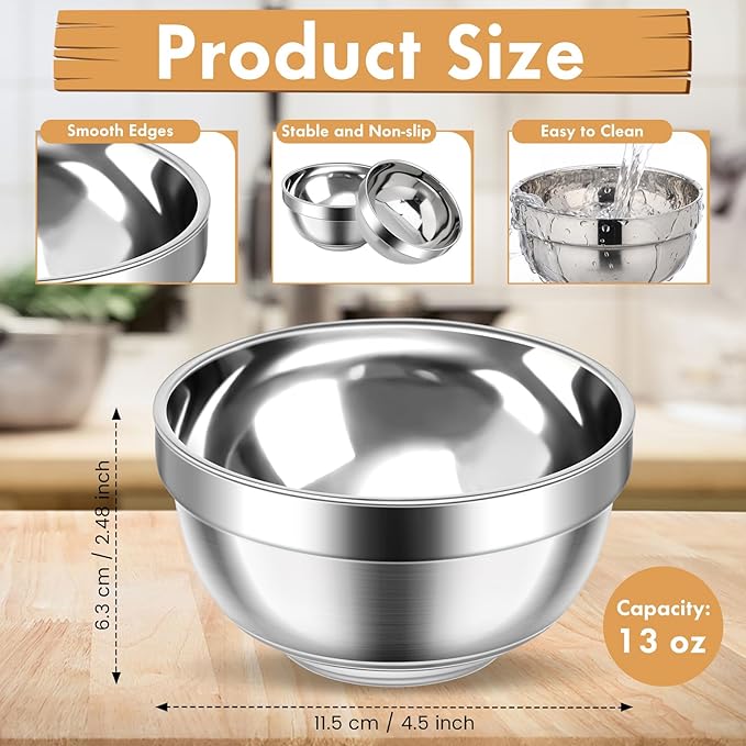 Mimorou 30 Pack 304 Stainless Steel Bowls Set 13oz Metal Double Walled Insulated Snack Mixing Lightweight Multipurpose Toddler Dinner Bowls for Ice Cream, Cereal, Snack