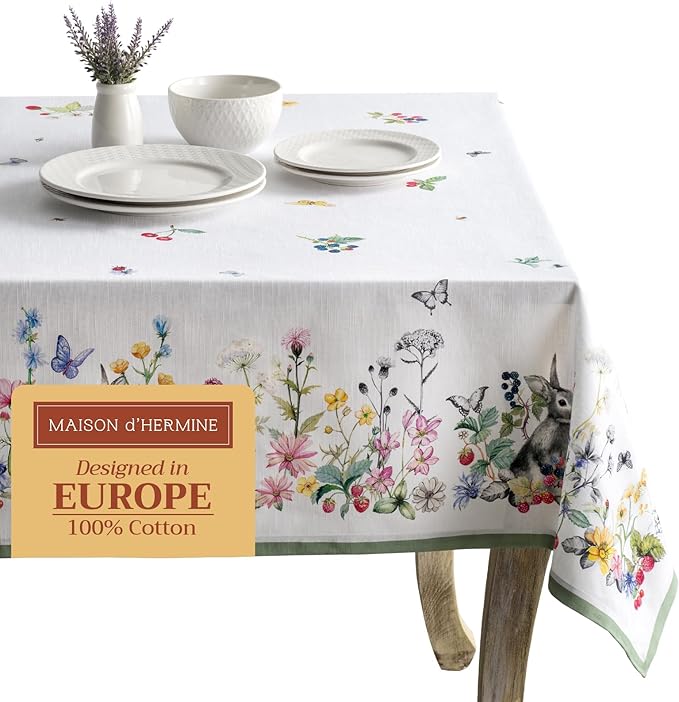 Maison d' Hermine Table Cloth Rectangle Table 100% Cotton 60 x 90 Inches Tablecloth Reusable Decorative for Dining Room Farmhouse Home Valentines Day Decorations Spring Summer - Printemps