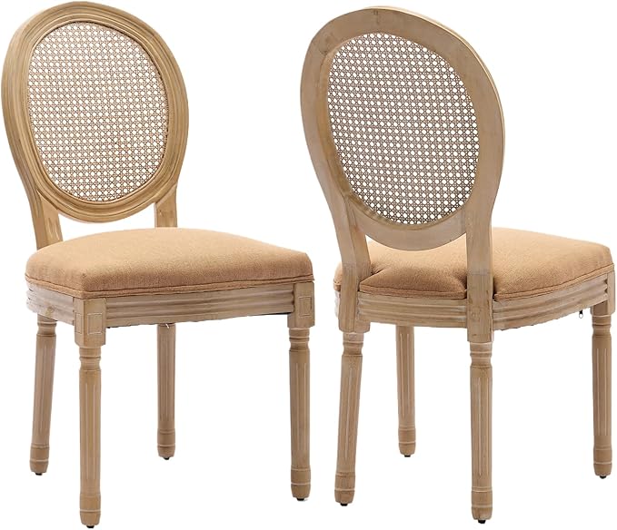 Vintage French Rattan Dining Chairs Set of 2, Round Back Accent Chairs with Rattan Backrest and Upholstered Linen Seat, Solid Wood Frame Sillas de Comedor for Dining Room & Kitchen, Camel