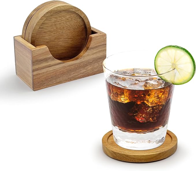 Acacia Wood Coaster Set of 4 with Holder, Non-Slip Heat-Resistant Wooden Coasters, Modern Decorative Coasters for Coffee Table, Dining Table & Kitchen Accessories