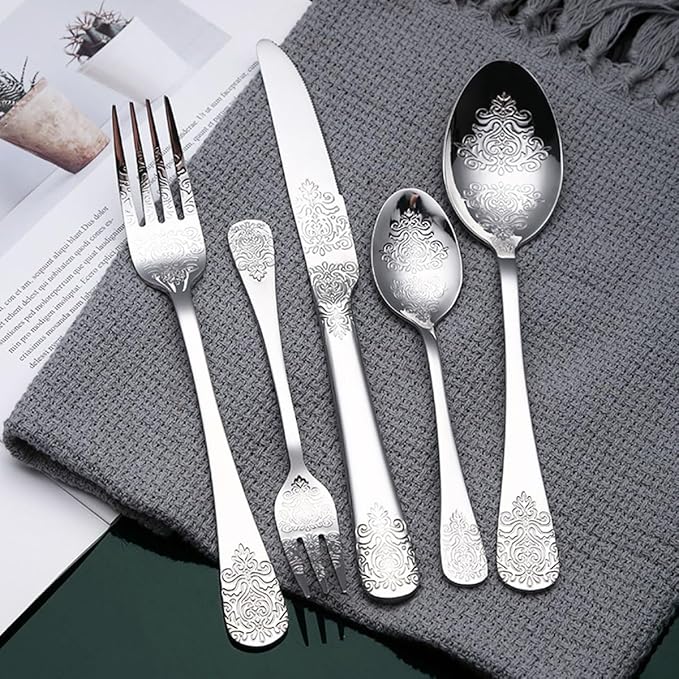 IKXO Silverware Set 40 Piece Silver Flatware Set for 8,Stainless Steel Flatware Cutlery Set For Home Hotel, Kitchen Utensils Set Include Fork Knife Spoon,Mirror Polished,Dishwasher Safe