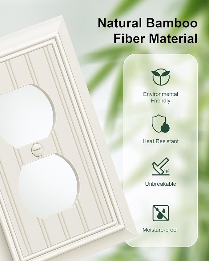 4-Pack Classic Beadboard Duplex Outlet Cover Plate, Decorative Light Almond Switch Plates and Outlet Covers, Natural Bamboo Fiber Wall Plates for Electrical Outlets, 1 Gang Receptacle Cover