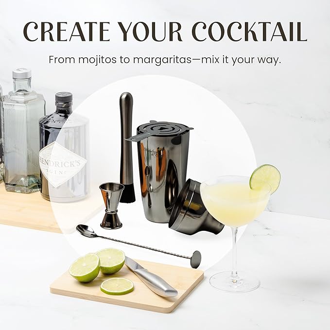 Mixology & Craft Cocktail Shaker Set with Bamboo Stand - Professional 10-Piece Bartender Kit - Complete Bar Set & Cocktail Mixer Kit for Home (Gun-Metal)