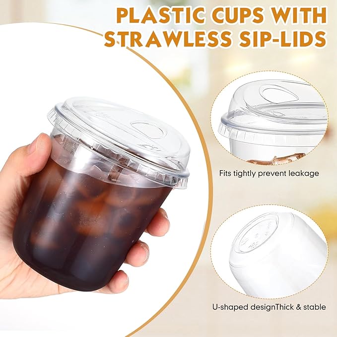 Baderke 50 Pcs Plastic Cups with Sip Lids Round Bottom Disposable Plastic Coffee Cups with Lids Clear Strawless Crystal Mugs for Iced Coffee Smoothie Cold Beverage Party Catering Supplies (12 oz)