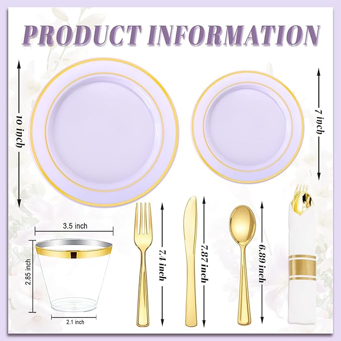 350PCS Purple Plates Disposable - Purple Plastic Plates 50Guests Lavender Disposable Dinnerware Sets with Rolled Napkins for Wedding/Birthday/Baby Shower/Easter