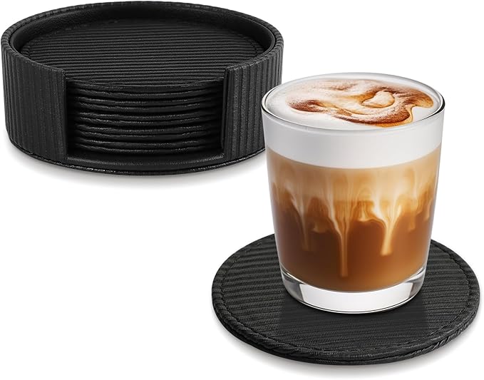 6 Pcs Premium Leather Coasters with Holder, Tabletop Protection, Coffee Table & Bar Decoration, Modern-Style Drink Coasters Suitable for Home Dining Tables & Kitchen Accessories (Black Stripe)
