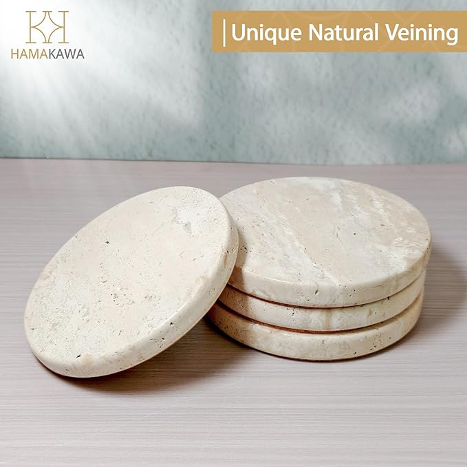 Real Natural Travertine Coasters Set of 4, Round Beige Marble Stone 4 inch, Modern Drink Coasters for Home Decor, Coffee Table, Office
