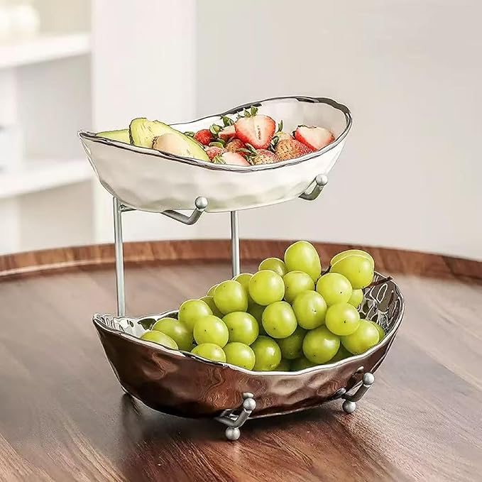 2-Tier Fruit Bowls for Kitchen Counter,Ceramic Bowl with Silver Metal Stand,2 Tier Fruit Basket for Fruit,Snack,Cake,Nuts,Dessert Space Saving Storage