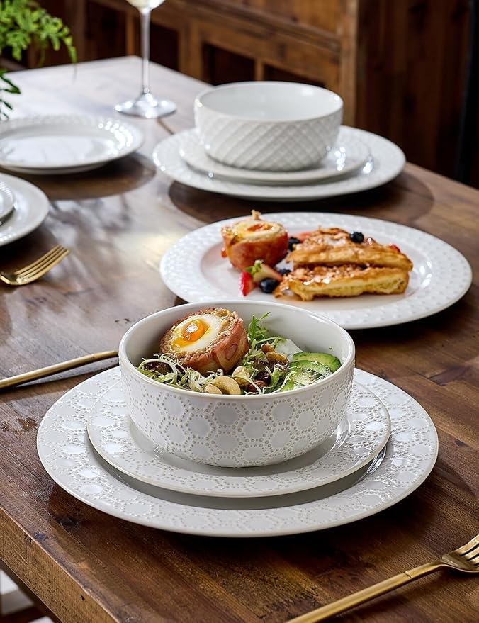26oz Ceramic Cereal Bowls, Embossed Cereal bowls Set of 4, Large Soup Bowls Wide Anti-Slip Base, Dishwasher & Microwave Safe, 6 inch Stoneware Soup Bowls, Housewarming Gift, Arctic white