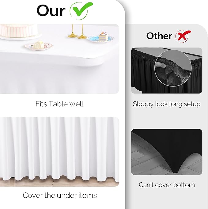 Wish Care 2 Pack White Spandex Table Clothes for 8 Foot Rectangle Tables, 8FT Wrinkle Free Fitted Tablecloths Ruffles Design Table Cover for Party, Banquet, Wedding and Events