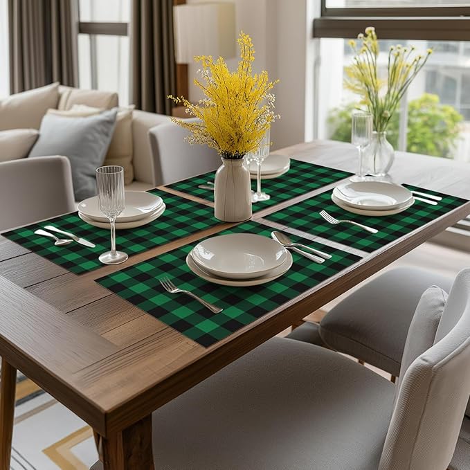 Artoid Mode Buffalo Plaid Vinyl Placemats Set of 4, 12x18 Inch Washable Non-Slip Heat Resistant Plastic Place Mats for Party Dining Table, Black/Green