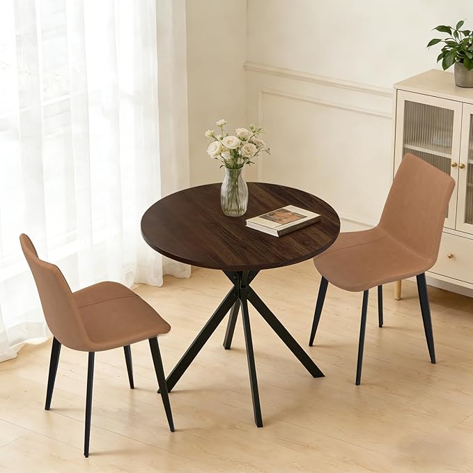 31.5" Round Dining Table and Chairs Set for 2, Small Dining Table Chairs Set Space-Saving, Small Dinette Sets for 2 for Kitchen Dining Room Apartment(Walnut Table + Brown Chairs)