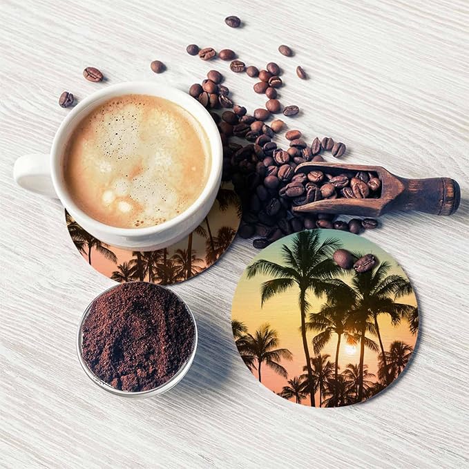 Tropical Island Sunset Coasters for Drinks Beautiful Nature Landscape Sunrise Dusk Scenery Palm Tree for Tabletop Protection Coffee Table Living Room Kitchen Office Home Decor 2 Pcs,4 Inch