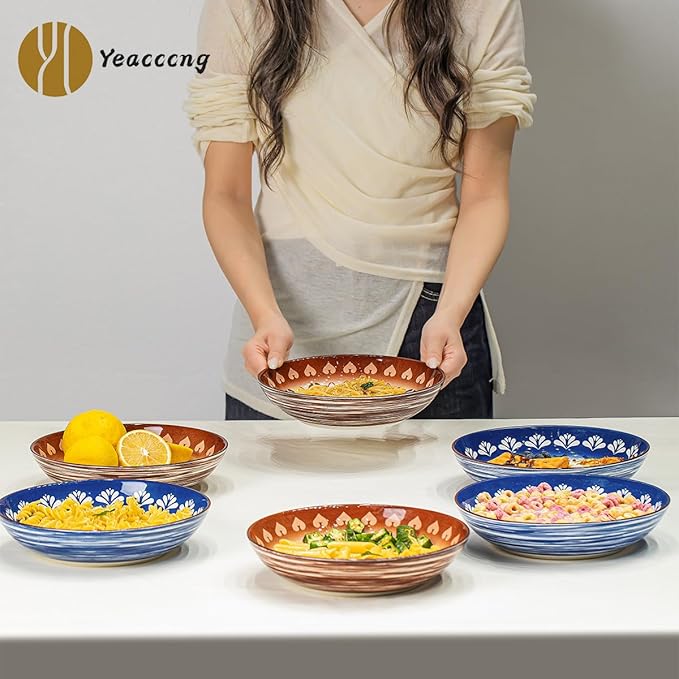 Yeacccng Pasta Bowls Set of 6, 35 Oz Ceramic Large Salad Bowl, 8.5 Inch Colorful Serving Bowls for Kitchen, Dishwasher & Microwave Safe, Scratch-Resistant, Lead-Free (Blue*6)