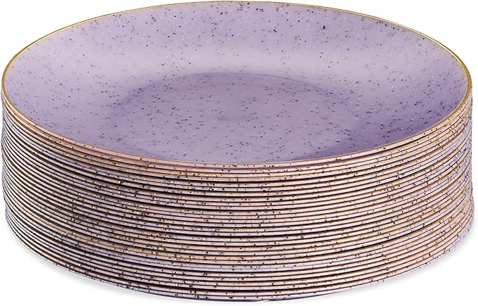 PLASTICPRO 30 Pack Disposable Plastic Plates Heavyweight Granite Look Elegant 7 inch Dinner Plates Purple with Gold Rim