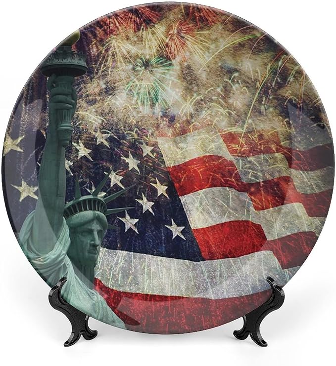 Ceramic Display Plate, American Flag Ceramic Hanging Decorative Plate, Fireworks 4th of July, 10 Inch, Living Room Kitchen Decoration Household, Multicolor