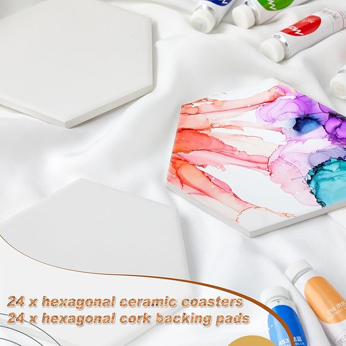 Zopeal 48 Pcs Ceramic Tiles for Crafts Coasters Include Unglazed White Ceramic Tiles with Cork Backing Pads Use with Alcohol Ink Acrylic Pouring for DIY Project Gift (Hexagon)