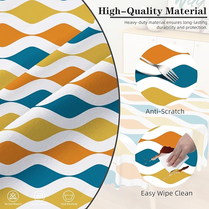 Laeacco 70 Inch Geometric Round Tablecloth Blue and Orange Waved Stripes Modern Abstract Art Print Table Cloth Washable Waterproof Wrinkle Free Table Cover for Kitchen Dining Picnic Party Decoration