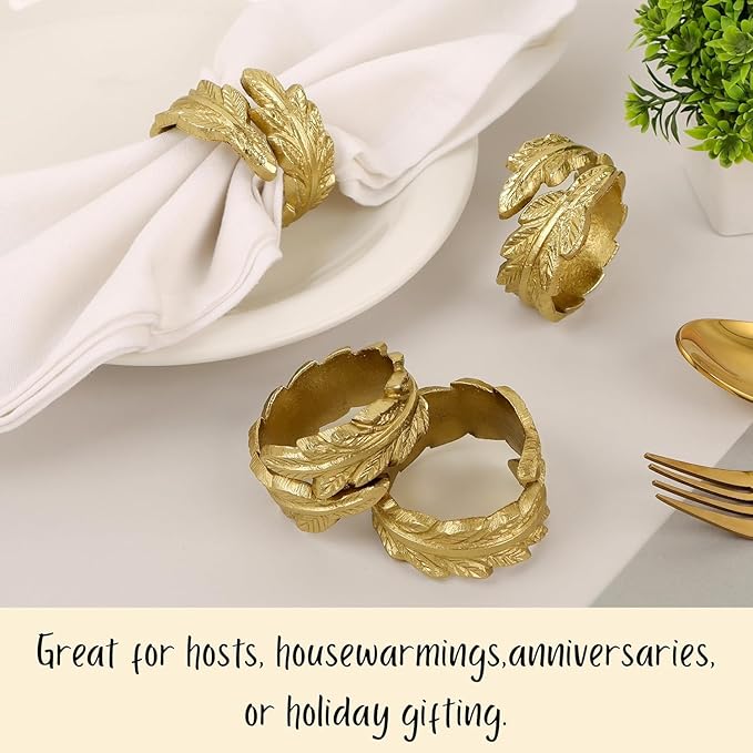CLEENTABLE Gold Leaf Napkin Rings Set of 12 - Round Metal Napkin Holders for Dining Table Settings - Elegant Leaf Design for Weddings, Parties, Holiday Décor, Family Dinners & Special Occasions