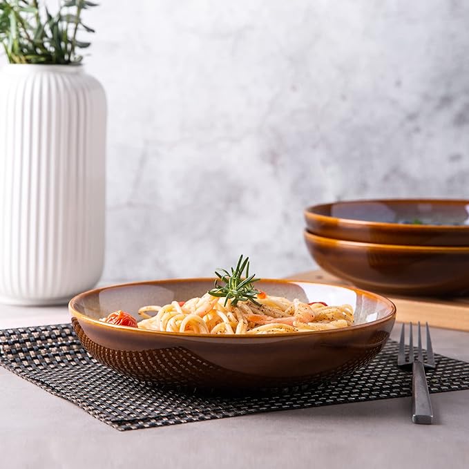 LERATIO Large Pasta Bowls,38oz Ceramic Pasta Bowls,9.0" Reactive Glaze Pasta Bowl Set of 6,Microwave & Dishwasher,Oven Safe,Wide Serving Bowls for Salad,Pasta,Fruit,Scratch Resistant-Khaki