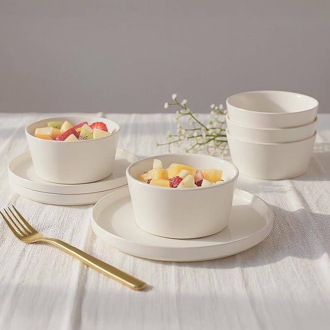 MIAMIO – Ceramic Dinner Plates Set for 4 People/Ceramic Dinnerware 4-Piece, Modern Stoneware, Dishwasher & Microwave Safe – Luxe Collection (White, 8 Inch)