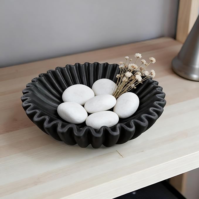 10" Large Decorative Bowl decor, Scalloped Bowls for Modern Home Decor,Ruffle Decor,Stylish Key Bowl for Entry Table,Decorative Fruit Bowl for Kitchen Counter,Black