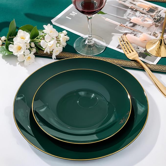 Nervure 100Pcs Green and Gold Plastic Plates - 7.5inch Disposable Green Dessert/Salad Plates - Heavy Duty Plastic Plate Ideal for Wedding & Party