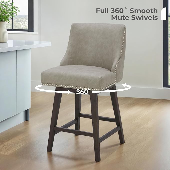 CHITA Counter Height Swivel Bar Stools, FSC Certified Upholstered Counter Stools, Modern Swivel Barstools with Wood Legs for Kitchen Island, 26" Seat Height, Faux Leather in Stone Grey