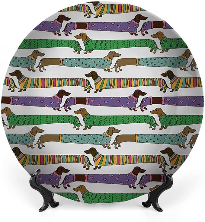 Ceramic Plates, Dog Lover Decorative Ceramic Plates, Cartoon Style Dachshunds Dressed in Pyjamas Chevron, 8 Inch, for Dining, Parties, Wedding, Multicolor