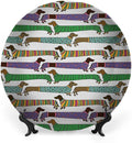 Decorative Plates, Dog Lover Print Ornament, Cartoon Style Dachshunds Dressed in Pyjamas Chevron, 7 Inch, 1 Plate with 1 Display Stand, Multicolor
