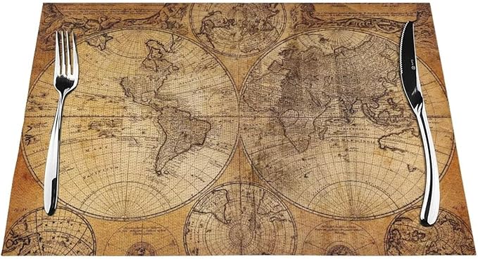Vintage World Map Placemats Set of 6 Old Paper Retro Style Nostalgic Historical Wipeable Table Mats Reusable Washable PVC Rectangle Place Mats for Kitchen Dining Home Decor 12x18 Inches