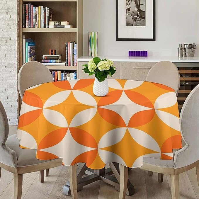Retro Mid Century Round Tablecloth, Abstract Geometric Mid Century Colorful Pattern Print Tablecloth for Home Party Dining Room Kitchen Decor 50Inch(127cm)